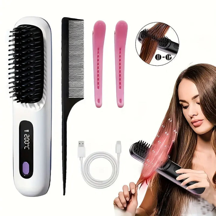 Portable Wireless Hair Straightener Comb - USB Charging, 3-speed Temperature Control, Negative Ion Technology, Long-lasting Luster, LED Display Screen, Lightweight, Perfect for Travel, with Comb And Clip Included My Store