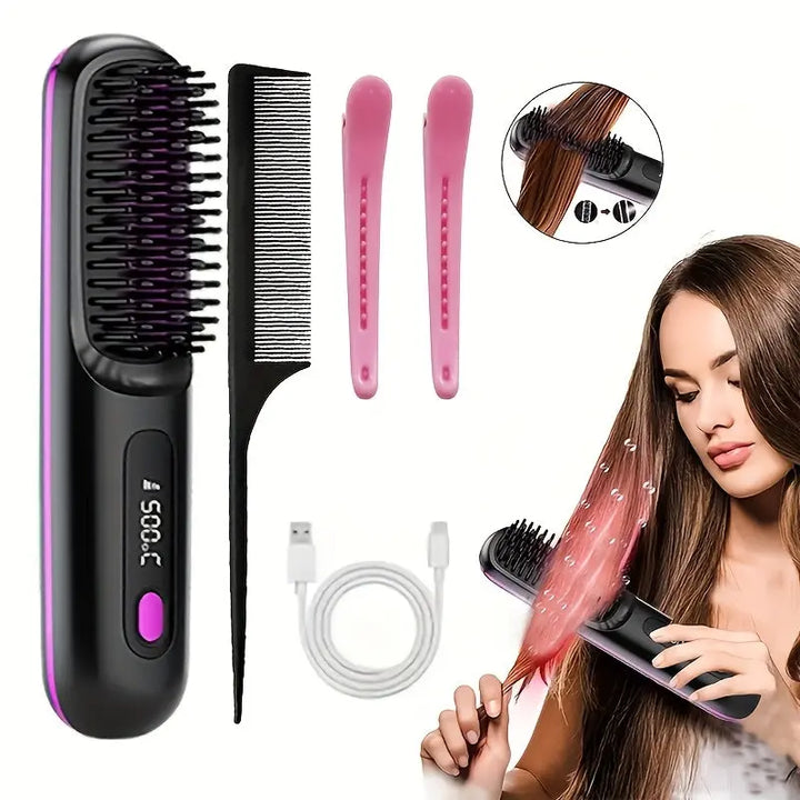 Portable Wireless Hair Straightener Comb - USB Charging, 3-speed Temperature Control, Negative Ion Technology, Long-lasting Luster, LED Display Screen, Lightweight, Perfect for Travel, with Comb And Clip Included My Store